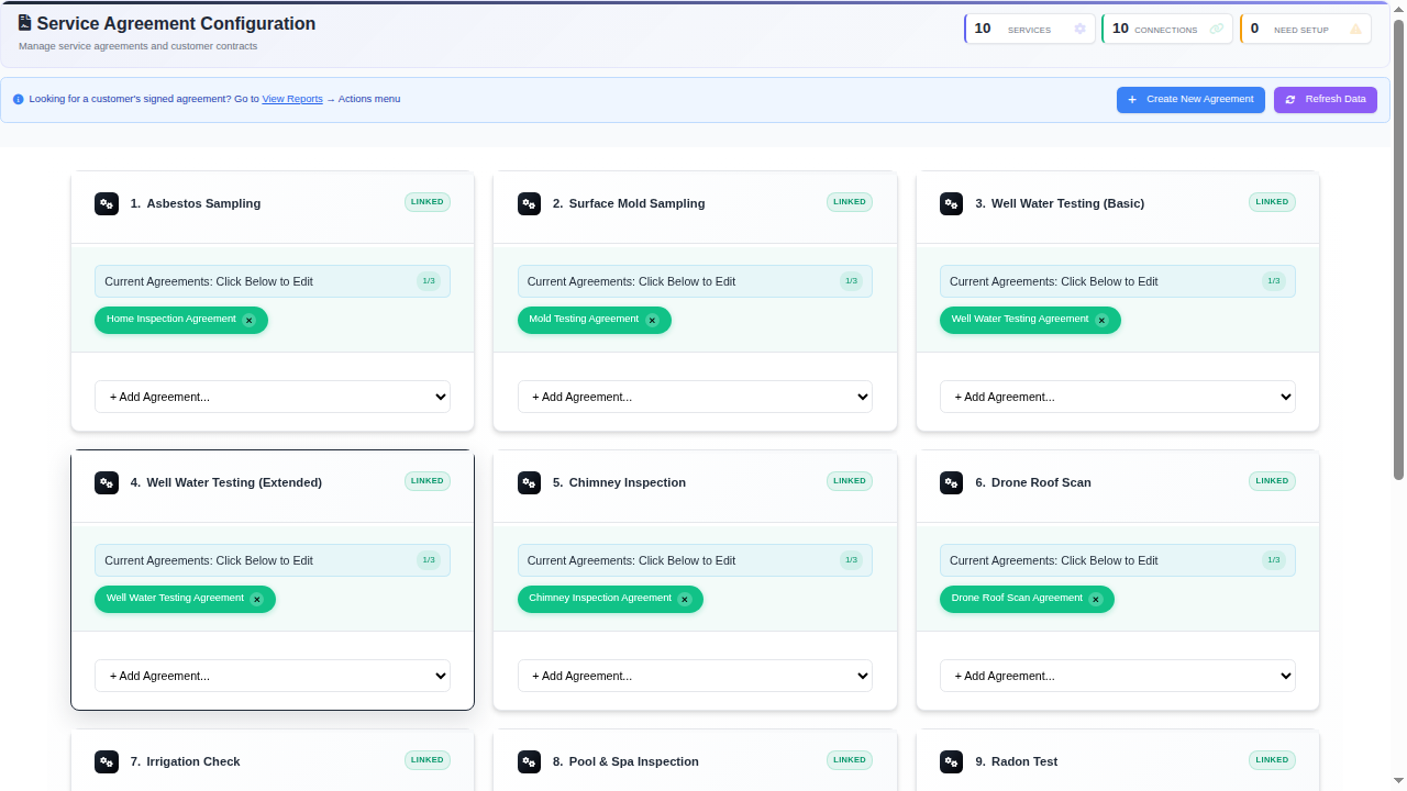 InspectorData Agreement Center showing professional inspection service agreement