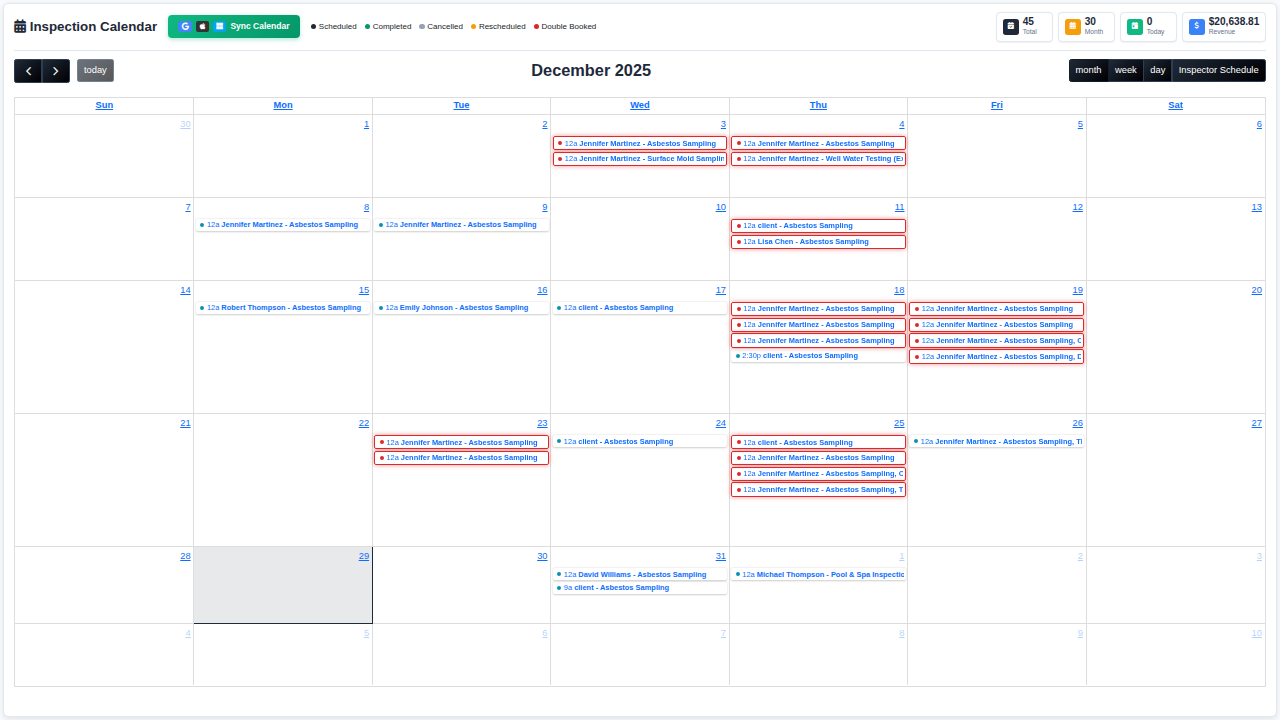 InspectorData Calendar showing monthly view with scheduled inspections