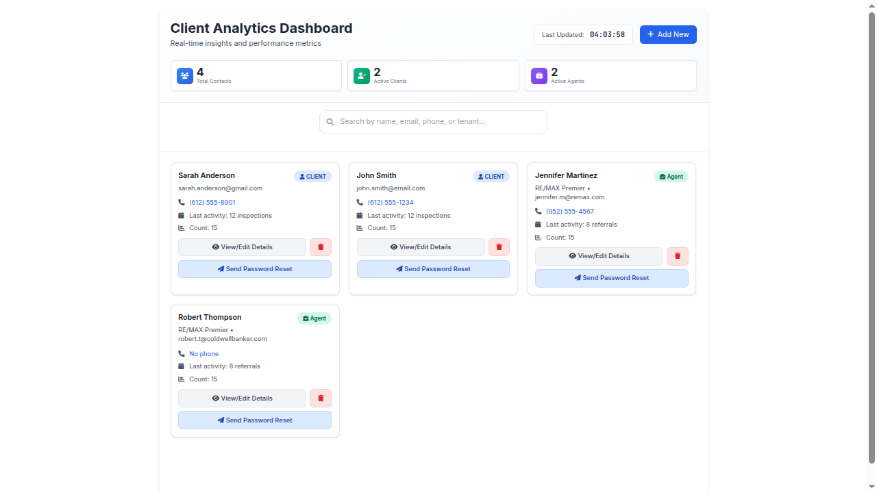 InspectorData Client Management showing customer database with inspection history