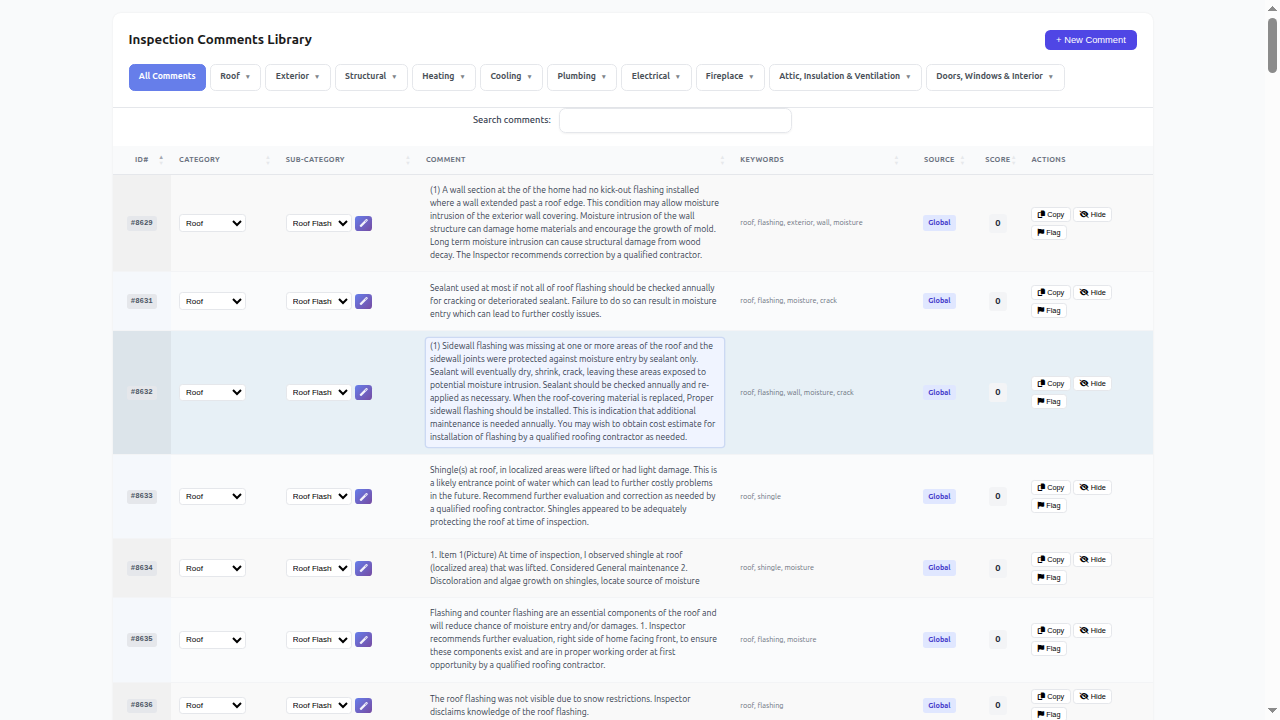 InspectorData comment library showing categorized pre-written inspection comments