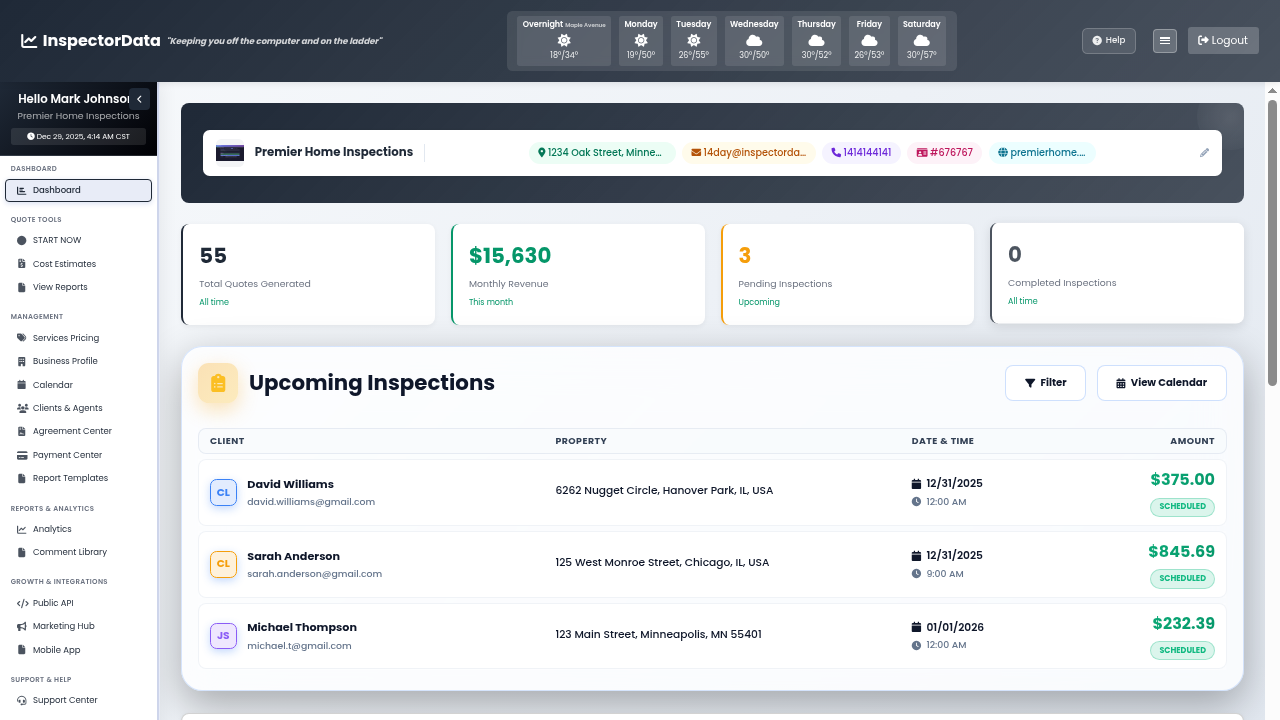 InspectorData Dashboard showing revenue tracking, upcoming inspections, and business metrics for home inspectors