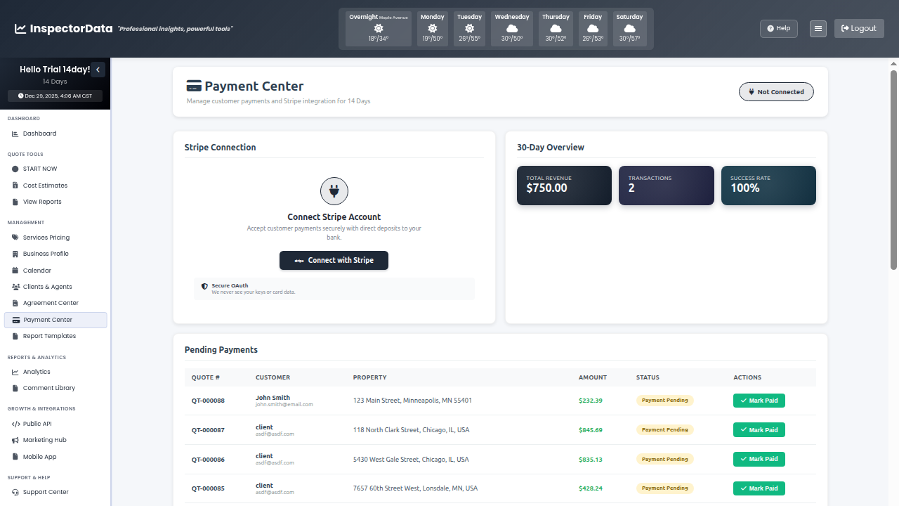 InspectorData payment processing showing invoice and credit card payment options