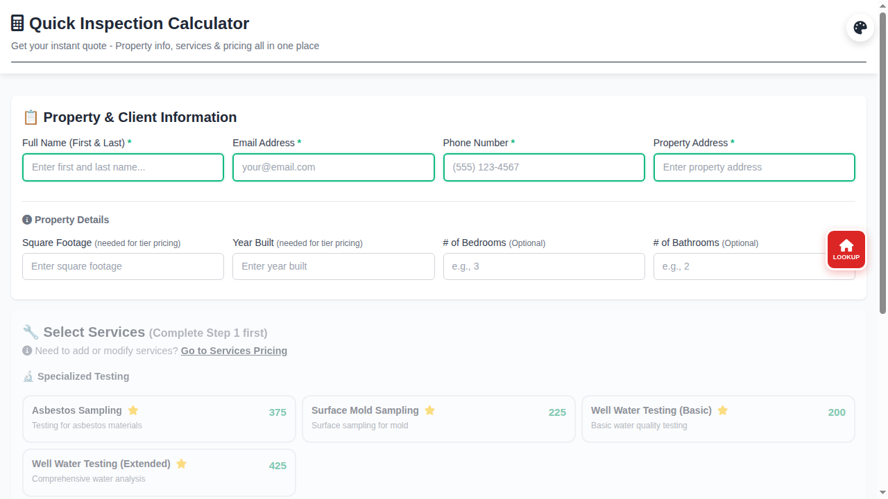 InspectorData Instant Quote Calculator Interface showing real-time pricing for home inspection services