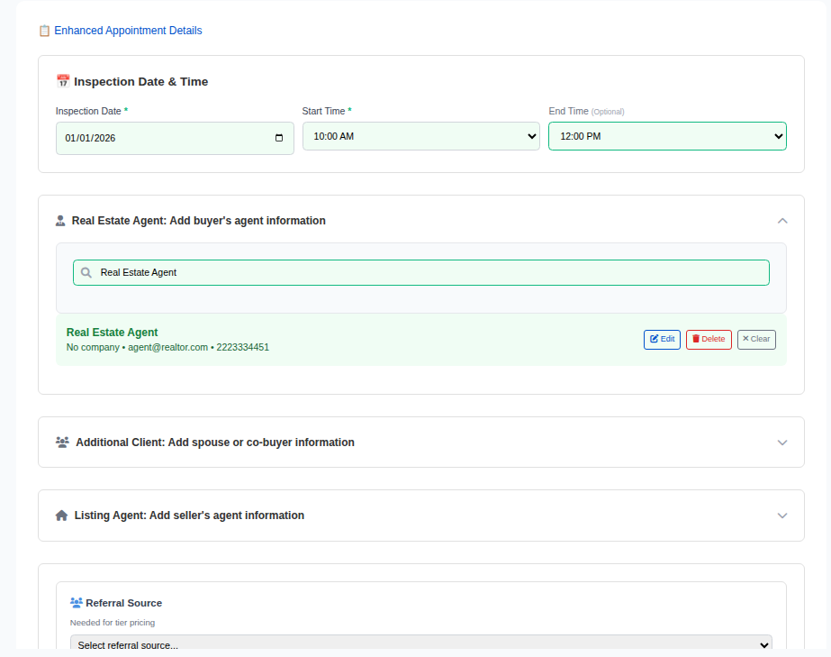 InspectorData Enhanced Appointment Details showing January 1 2026 date picker, 10:00 AM start time, Real Estate Agent database search with agent@realtor.com selected, Additional Client section, Listing Agent option, and Referral Source dropdown