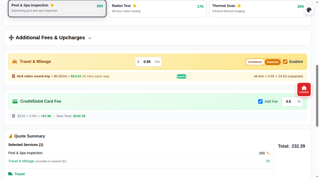 InspectorData quote calculator showing Pool & Spa Inspection at $200, travel mileage calculation of $24.53 for 44.6 miles, and 3.5% credit card fee option with total of $232.39