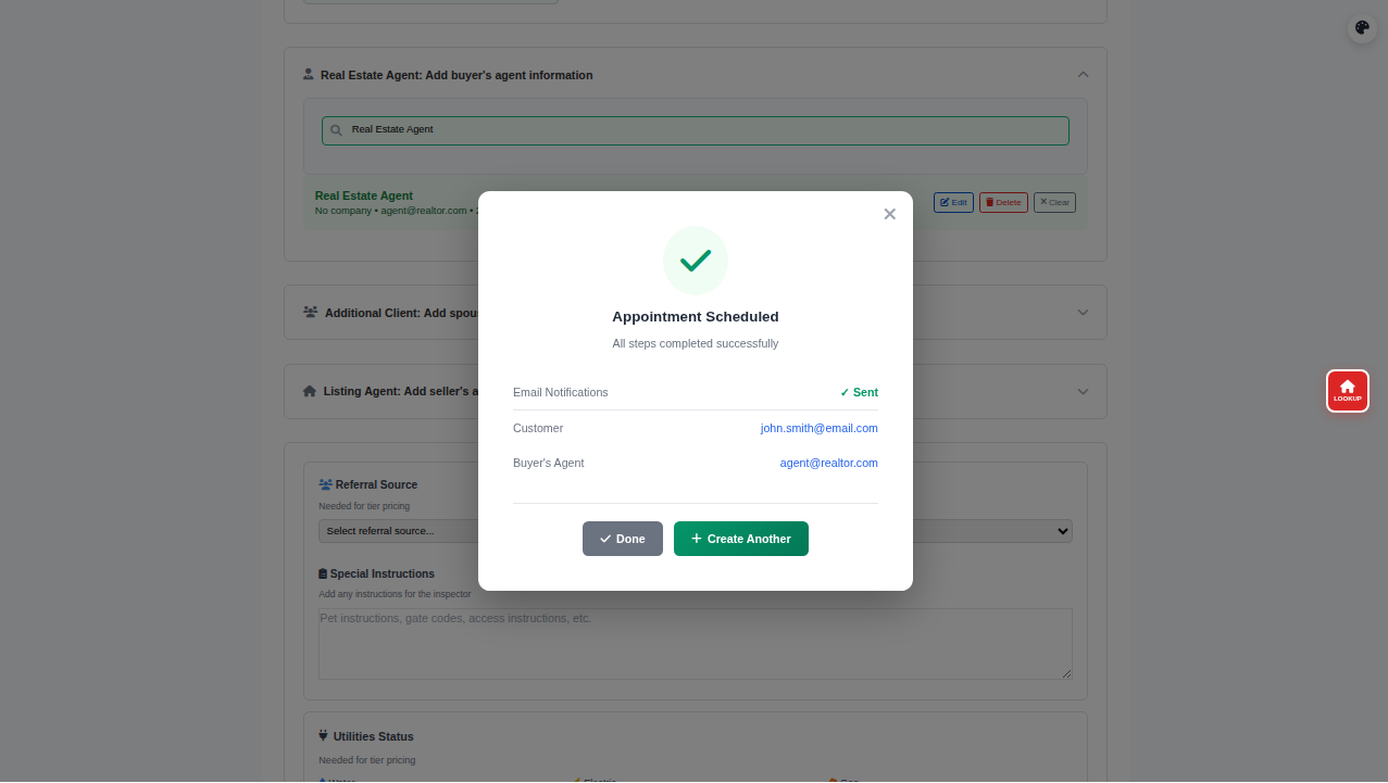 InspectorData Appointment Scheduled success modal with green checkmark, All steps completed successfully message, Email Notifications Sent status, Customer john.smith@email.com confirmed, Buyer's Agent agent@realtor.com confirmed, Done button and Create Another button